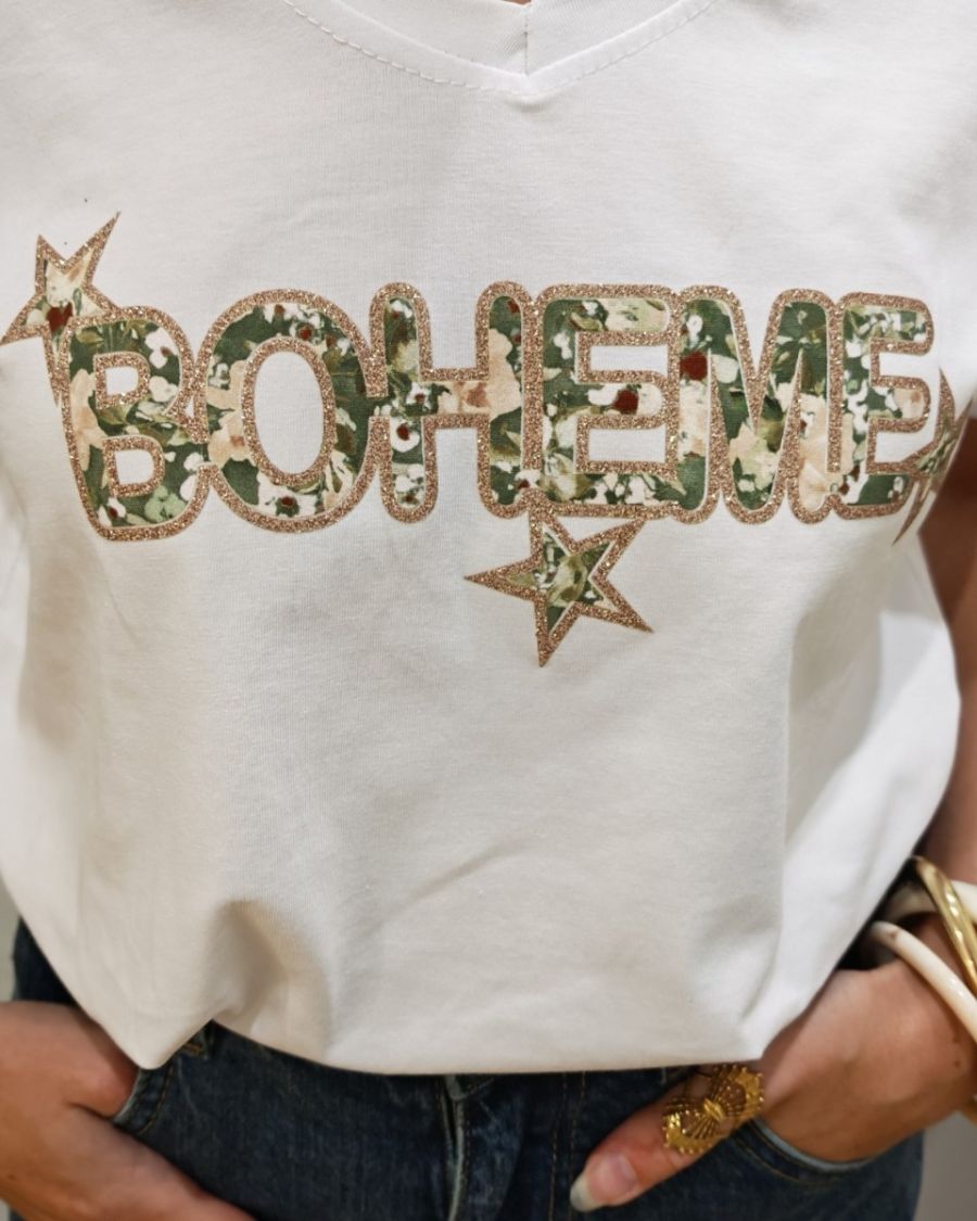 T-Shirt femme blanc Bohème fleuri et paillettes dorées