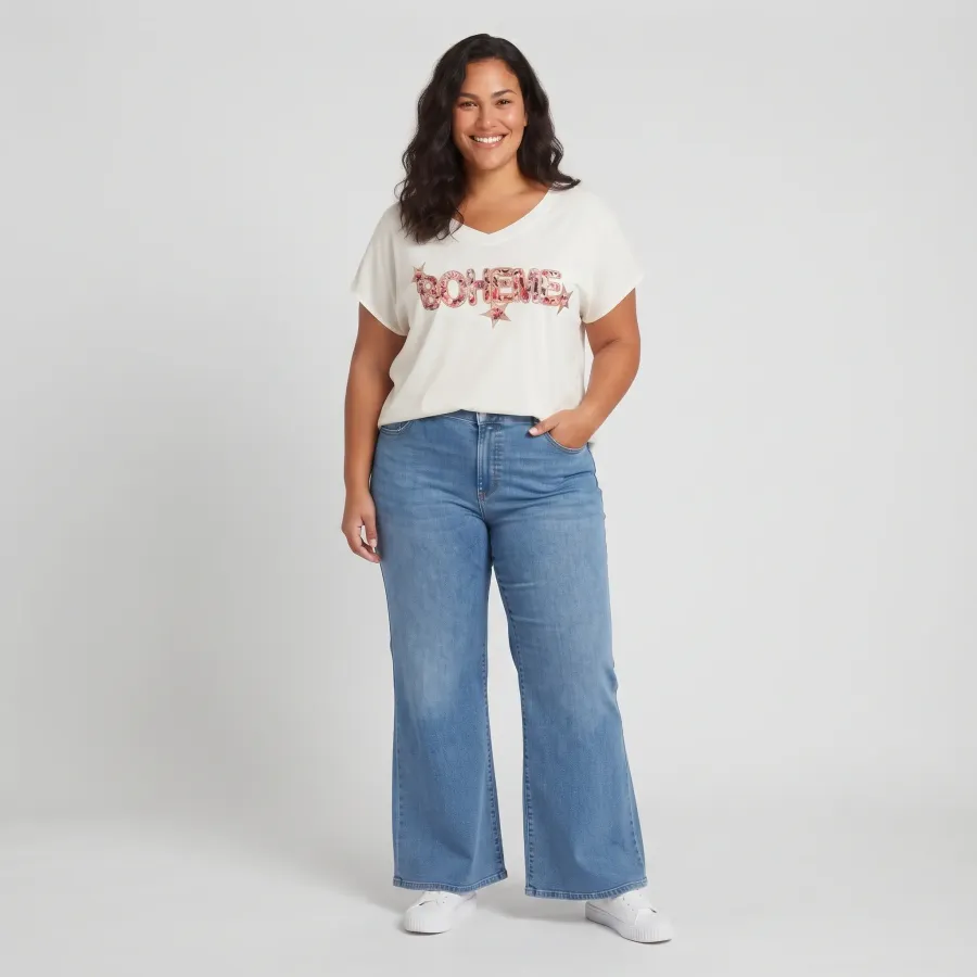 T-Shirt grande taille femme blanc Bohème fleuri et paillettes dorées
