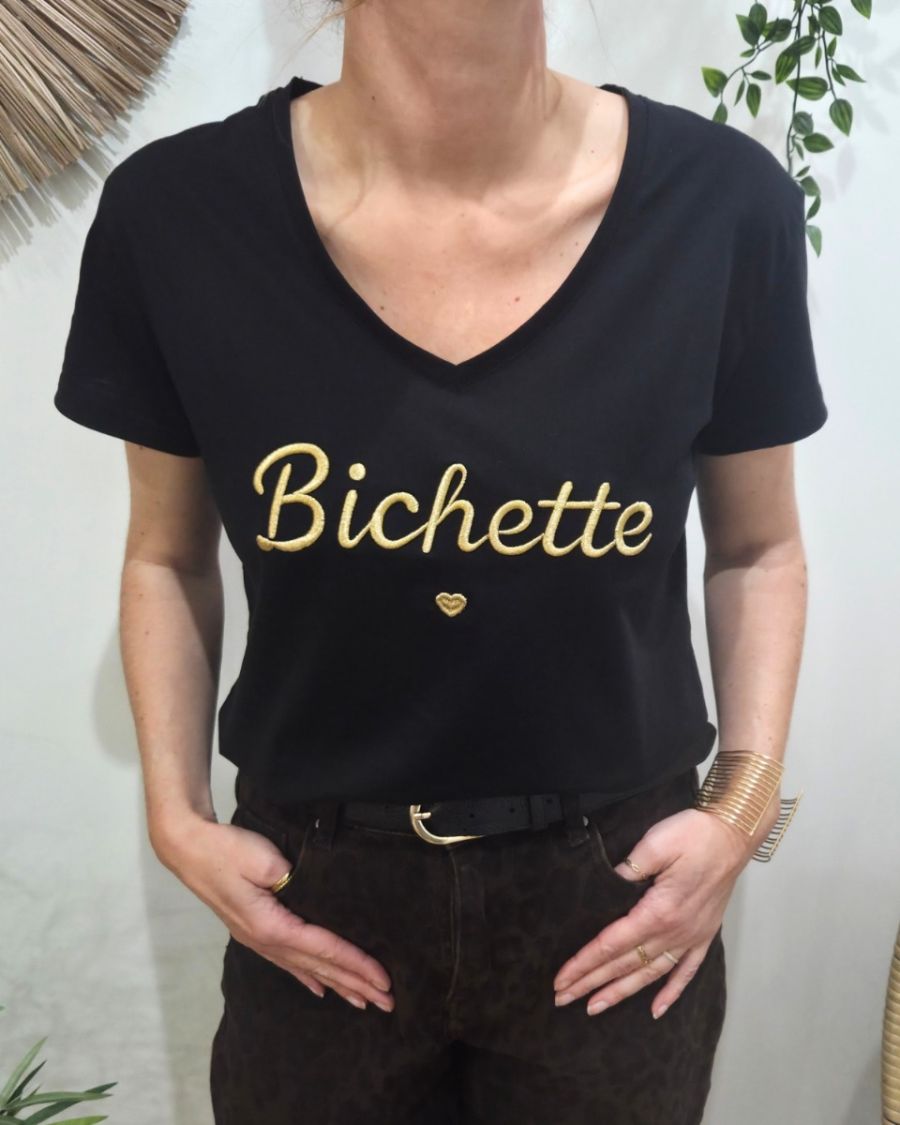 T-Shirt femme noir broderie bichette doré