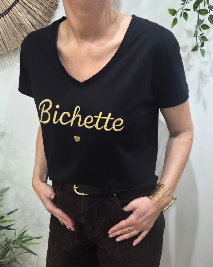 T-Shirt femme noir broderie bichette doré