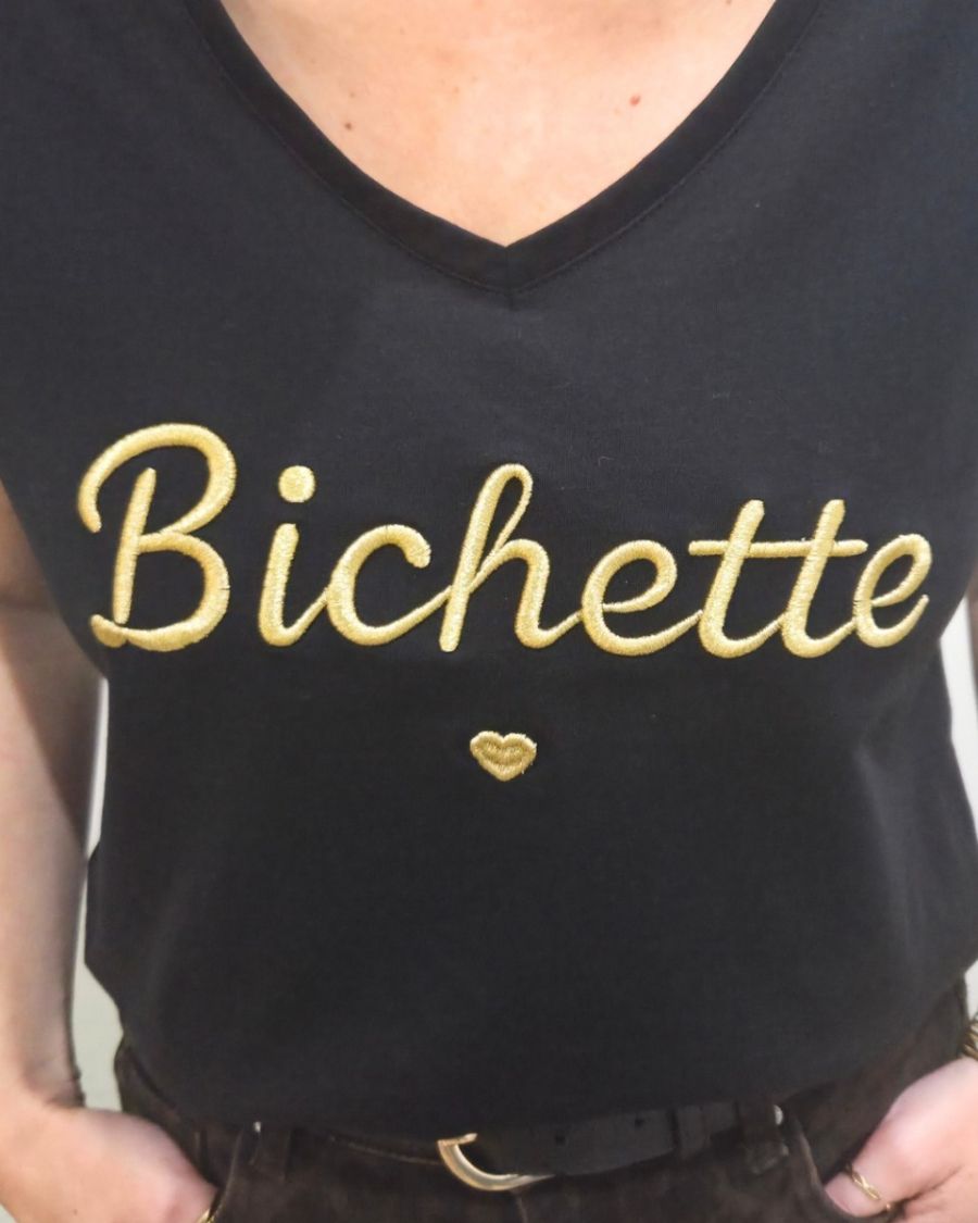 T-Shirt femme noir broderie bichette doré