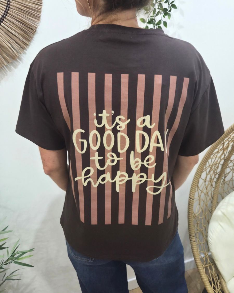T-Shirt femme marron rayures roses it's a good day to be happy