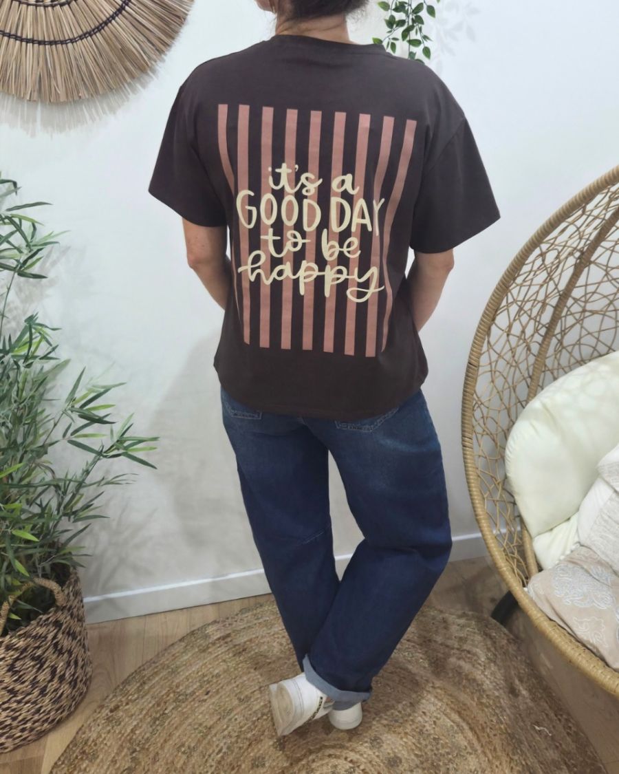 T-Shirt femme marron rayures roses it's a good day to be happy
