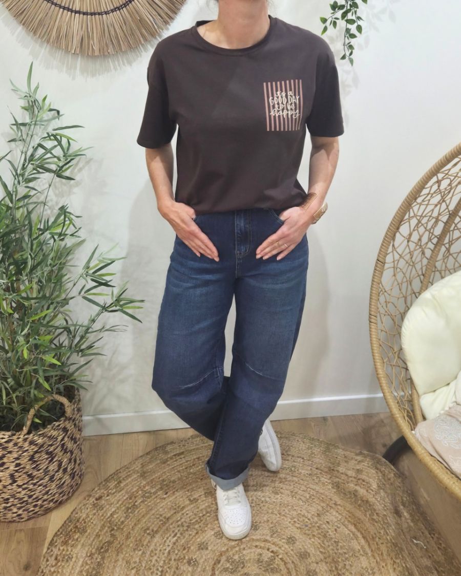 T-Shirt femme marron rayures roses it's a good day to be happy