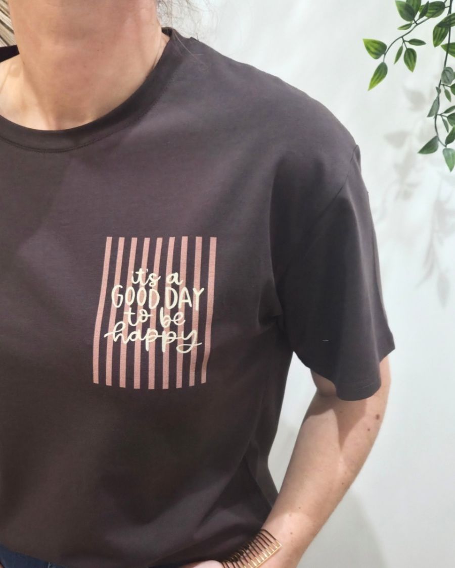 T-Shirt femme marron rayures roses it's a good day to be happy