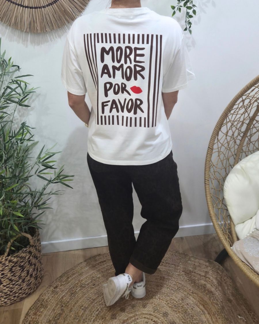 T-shirt femme blanc more amor por favor marron choco