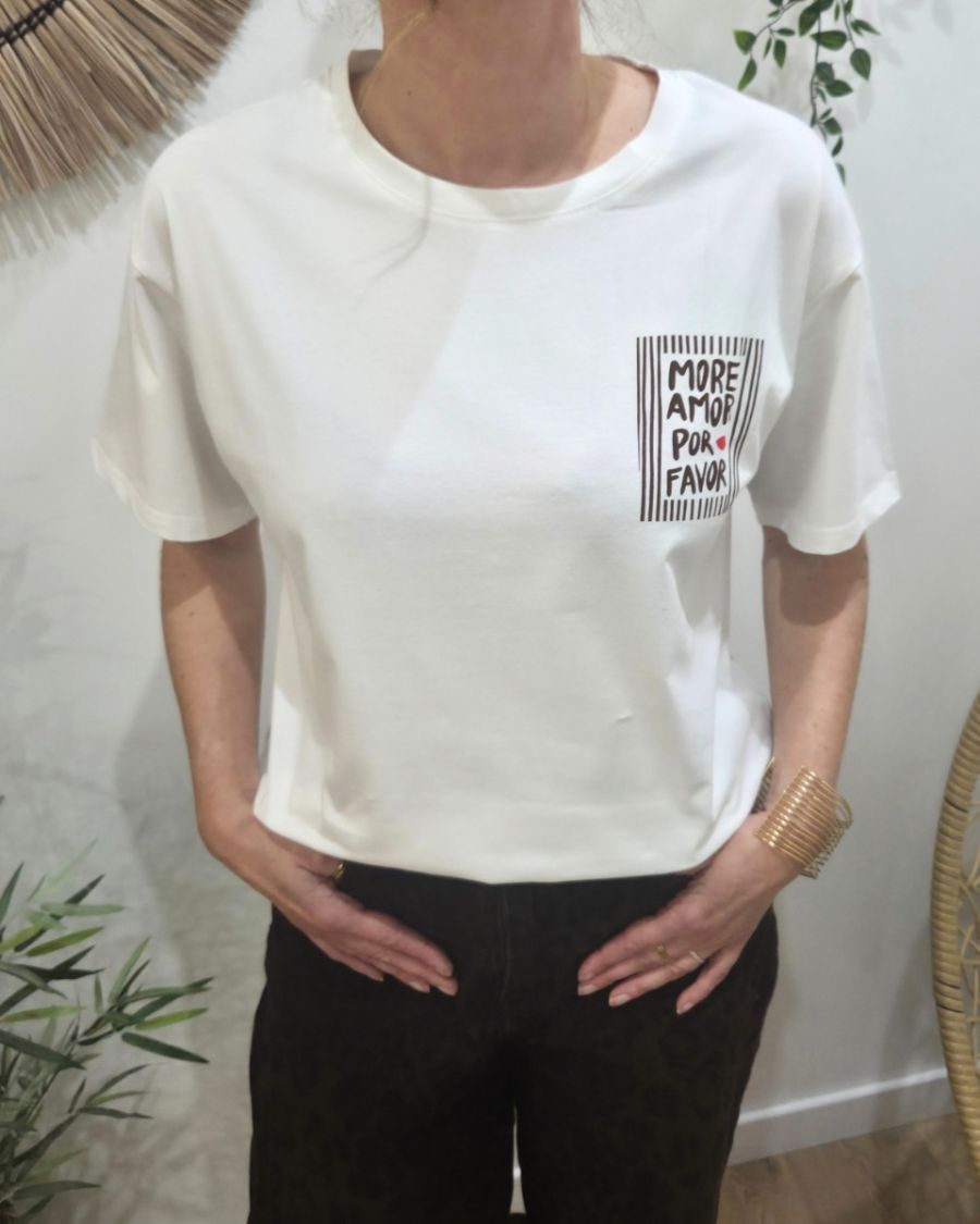 T-shirt femme blanc more amor por favor marron choco