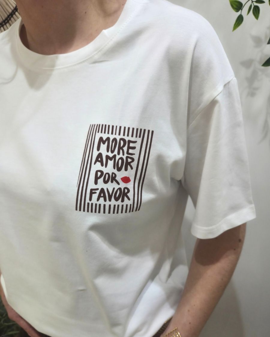 T-shirt femme blanc more amor por favor marron choco