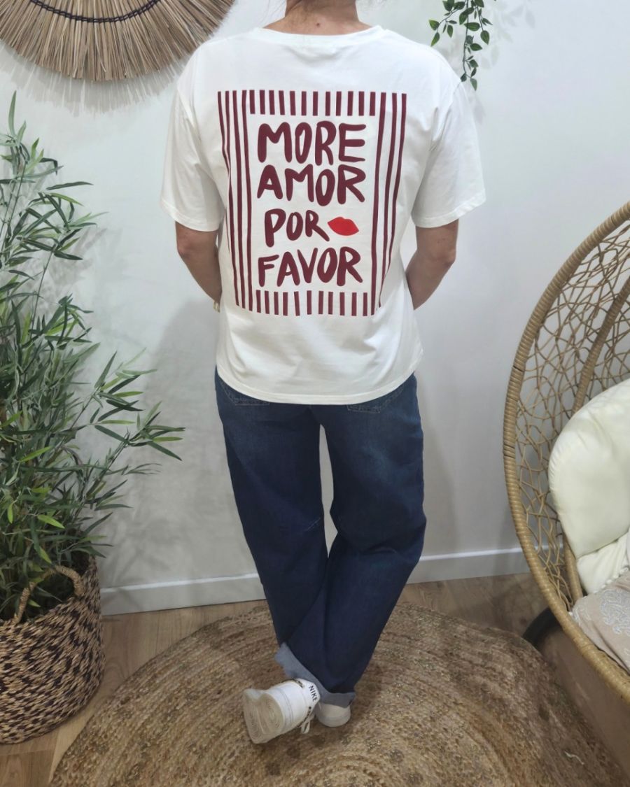 T-shirt femme blanc more amor por favor rouge bordeaux