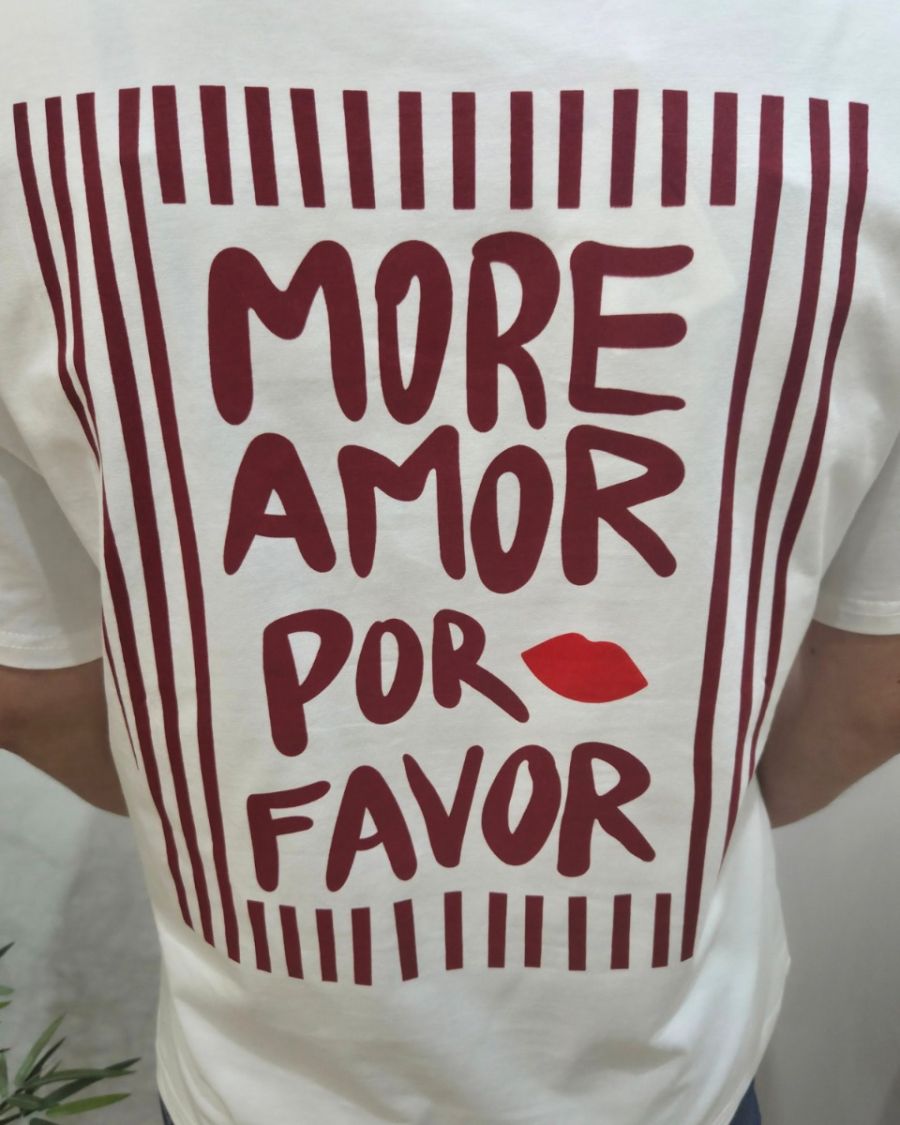 T-shirt femme blanc more amor por favor rouge bordeaux