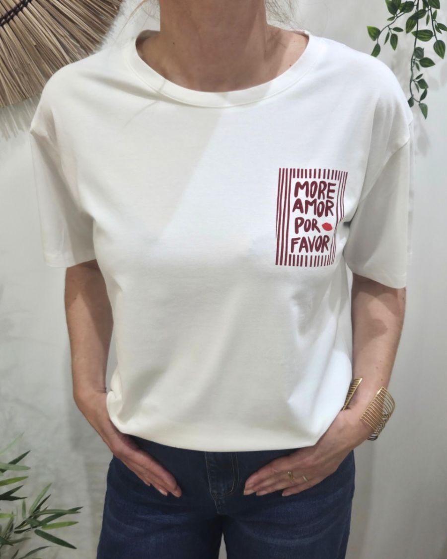 T-shirt femme blanc more amor por favor rouge bordeaux
