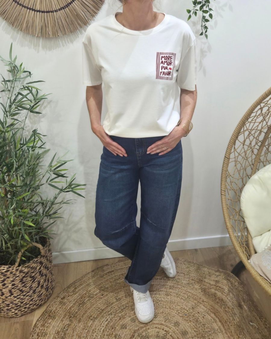T-shirt femme blanc more amor por favor rouge bordeaux