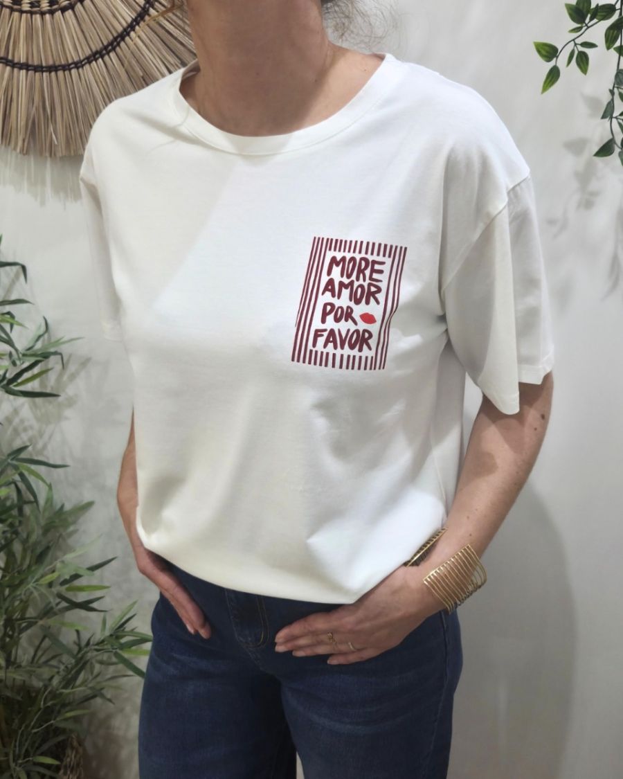 T-shirt femme blanc more amor por favor rouge bordeaux