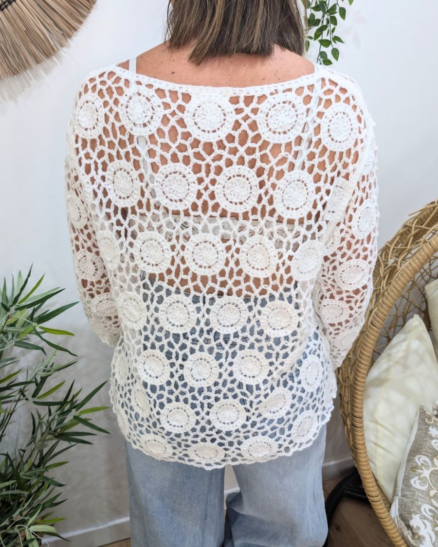 Top femme crochet manches longues blanc
