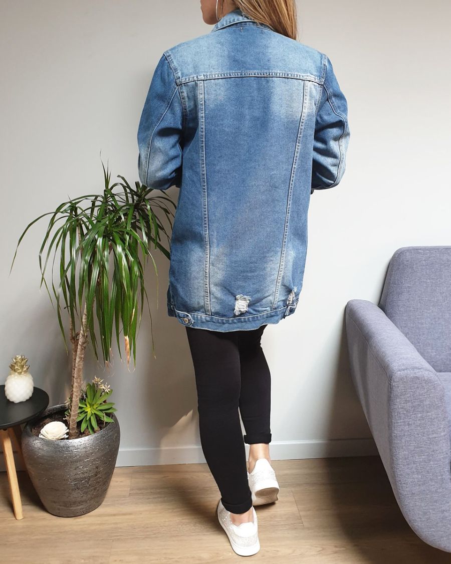 Veste longue en jeans clair déchirures