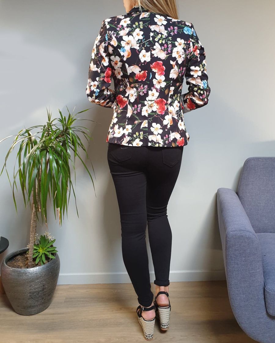 Veste tailleur noire à fleurs mutlicolores