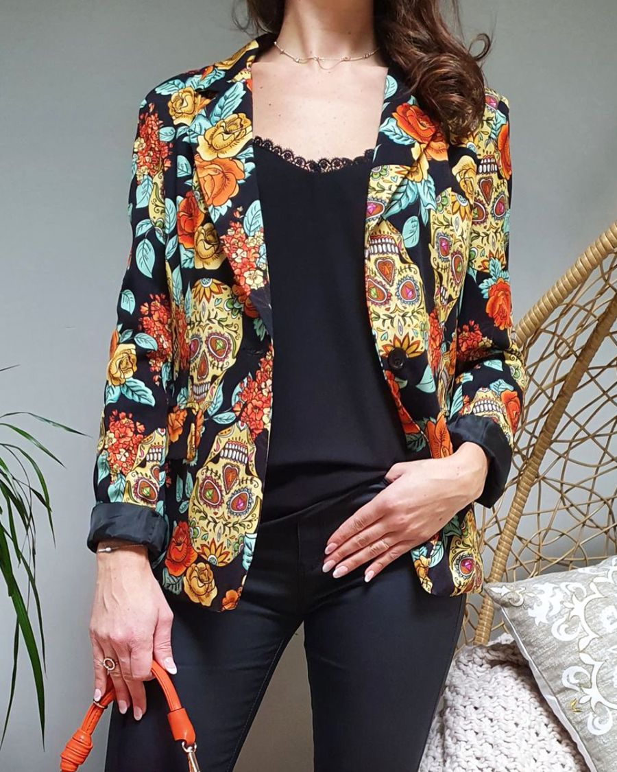 Veste blazer têtes de mort mexicaines et grosses fleurs jaunes oranges