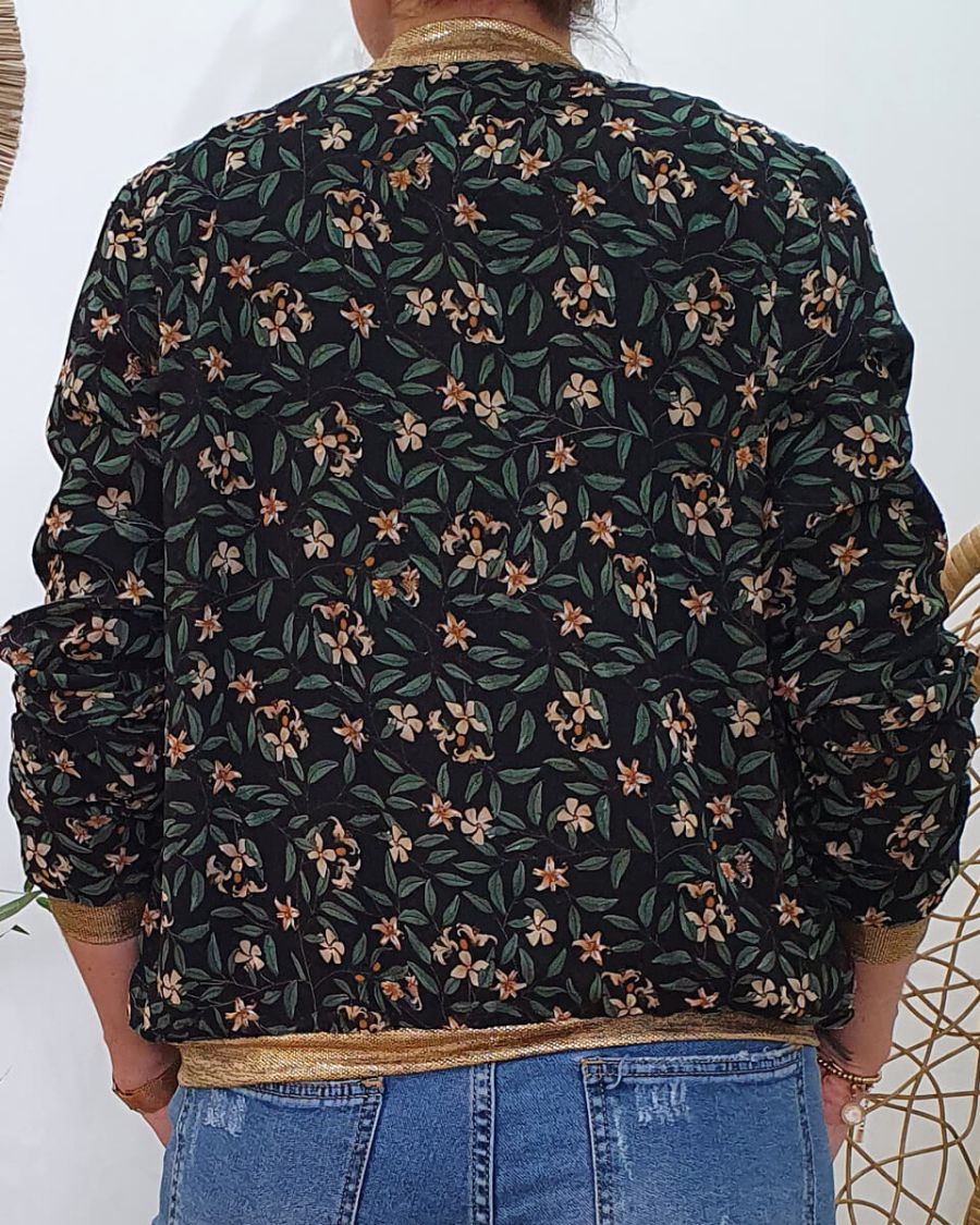 Bombers femme noir feuillage fin et petites fleurs beiges