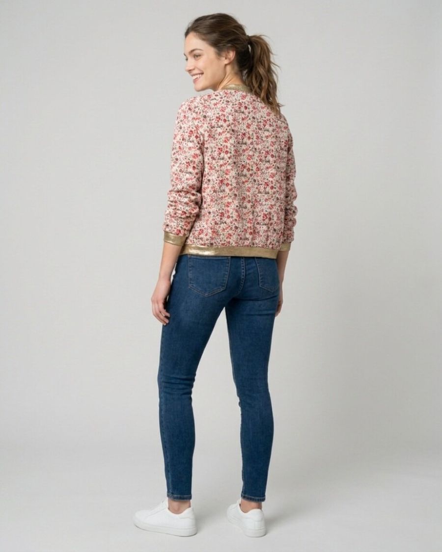 Bombers femme blanc petites fleurs rouges cerises et vertes mi-saison léger
