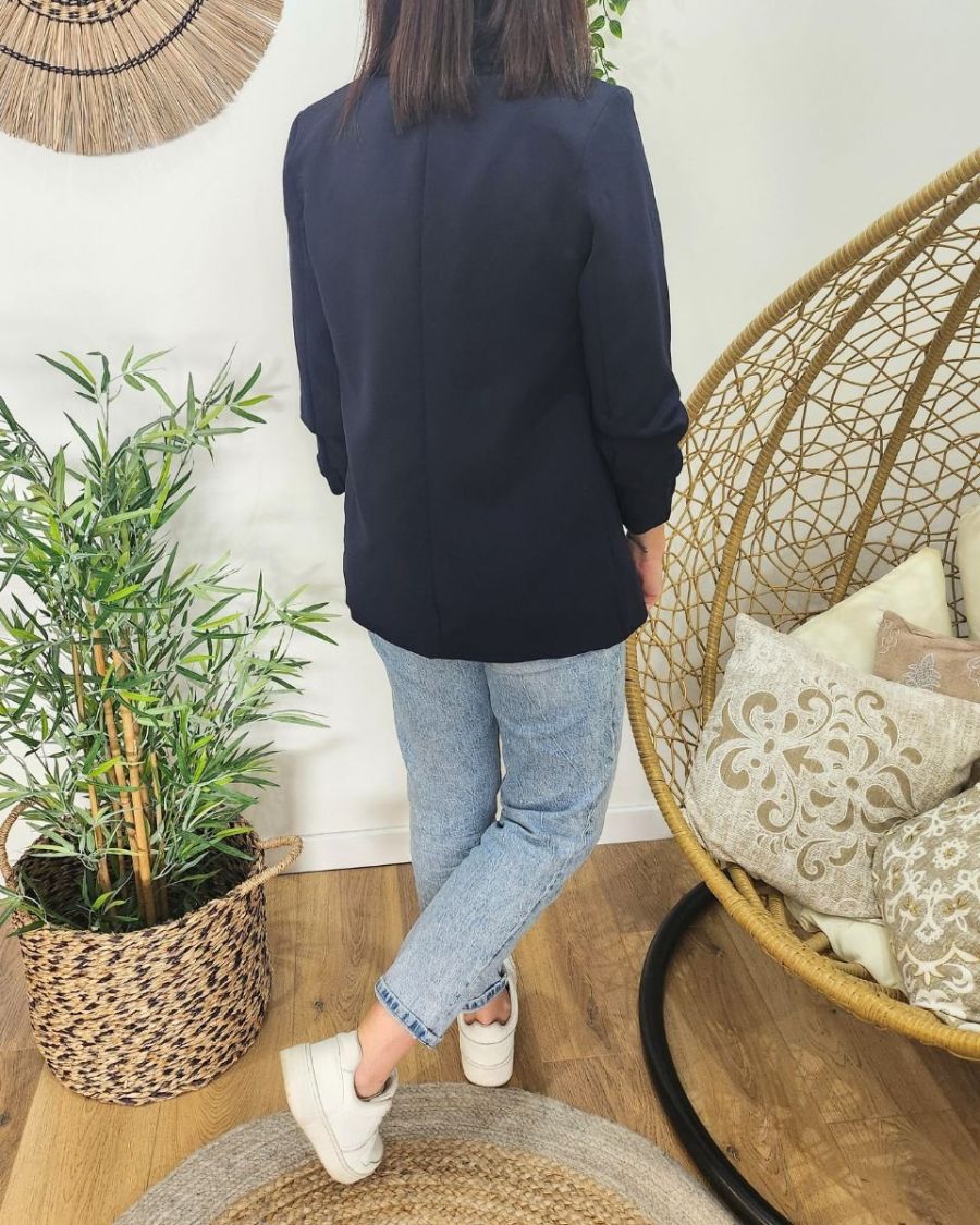 Blazer femme manches plissées bleu marine