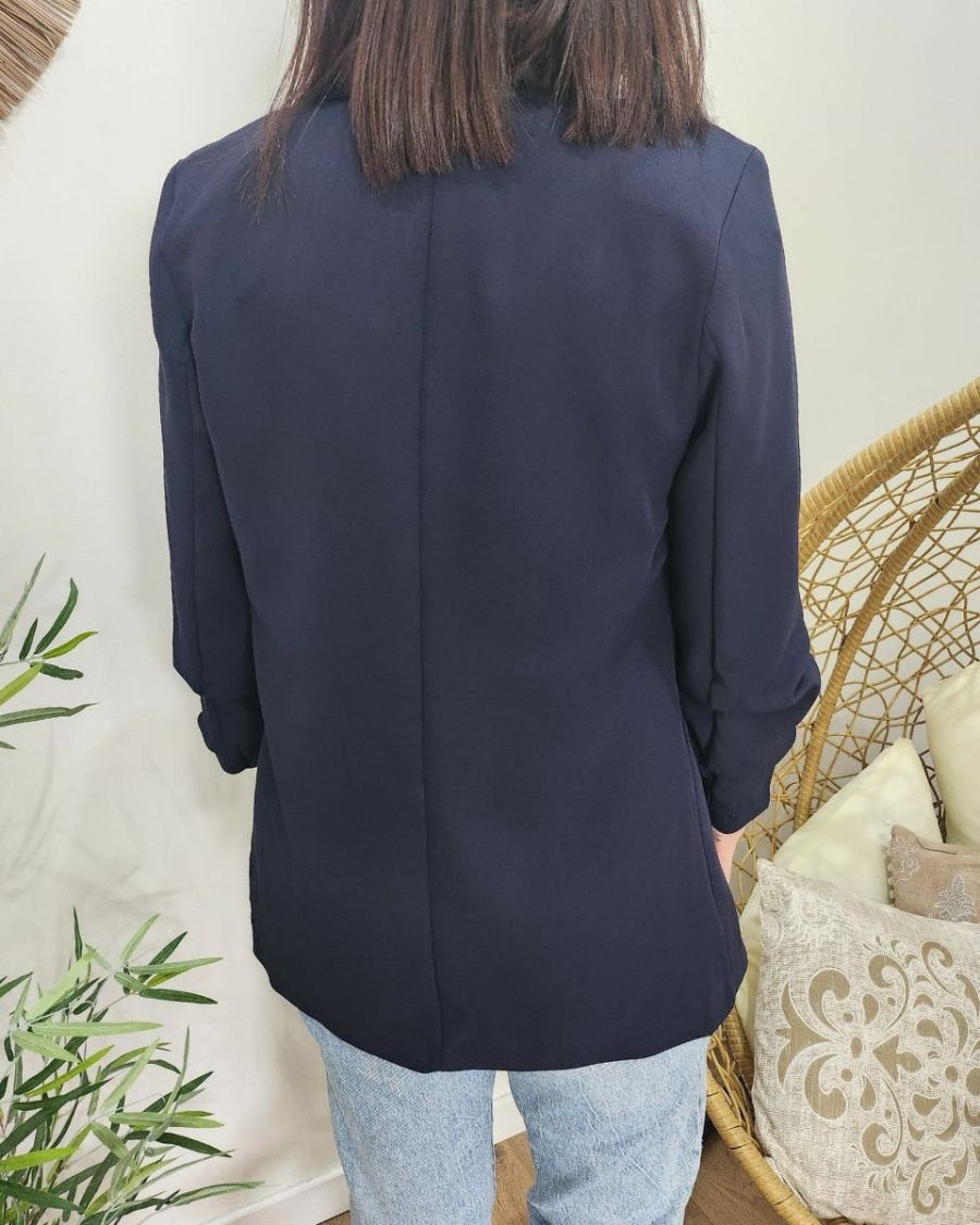 Blazer femme manches plissées bleu marine