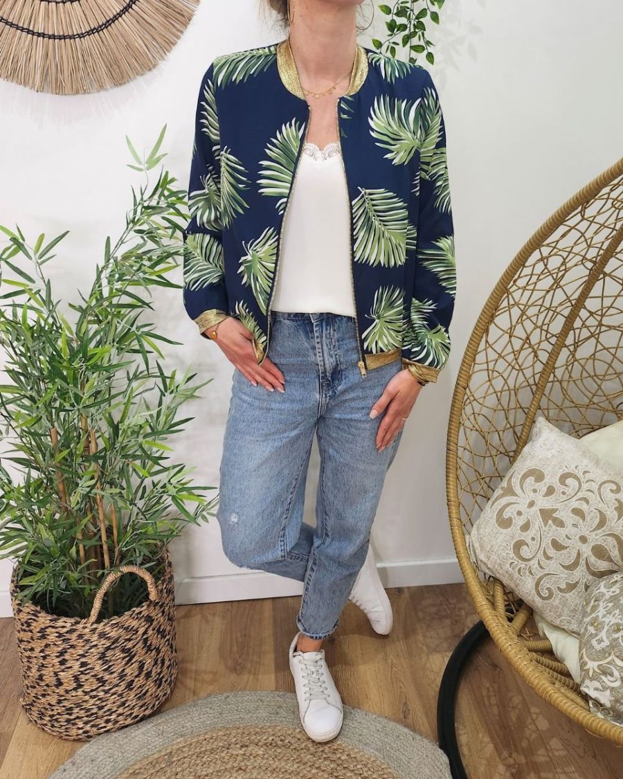 Bombers femme marine feuillages verts et blancs
