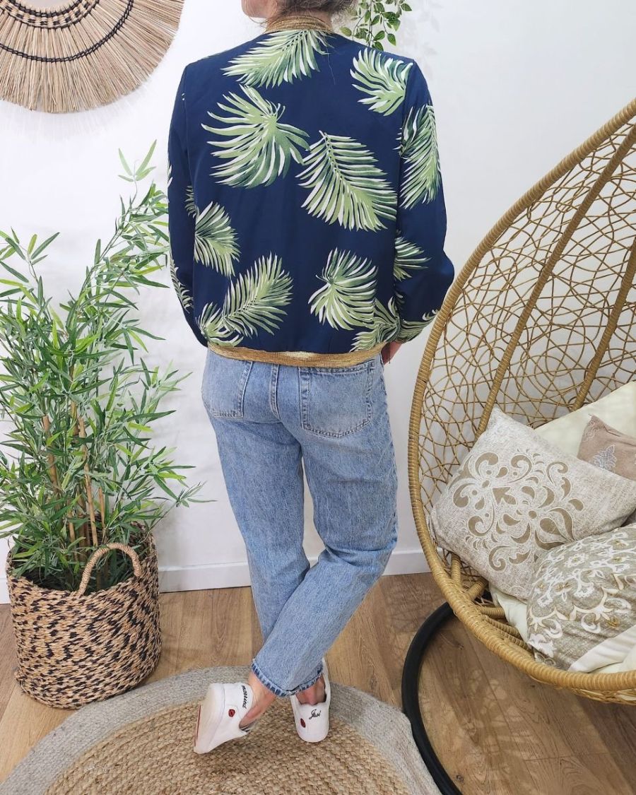 Bombers femme marine feuillages verts et blancs