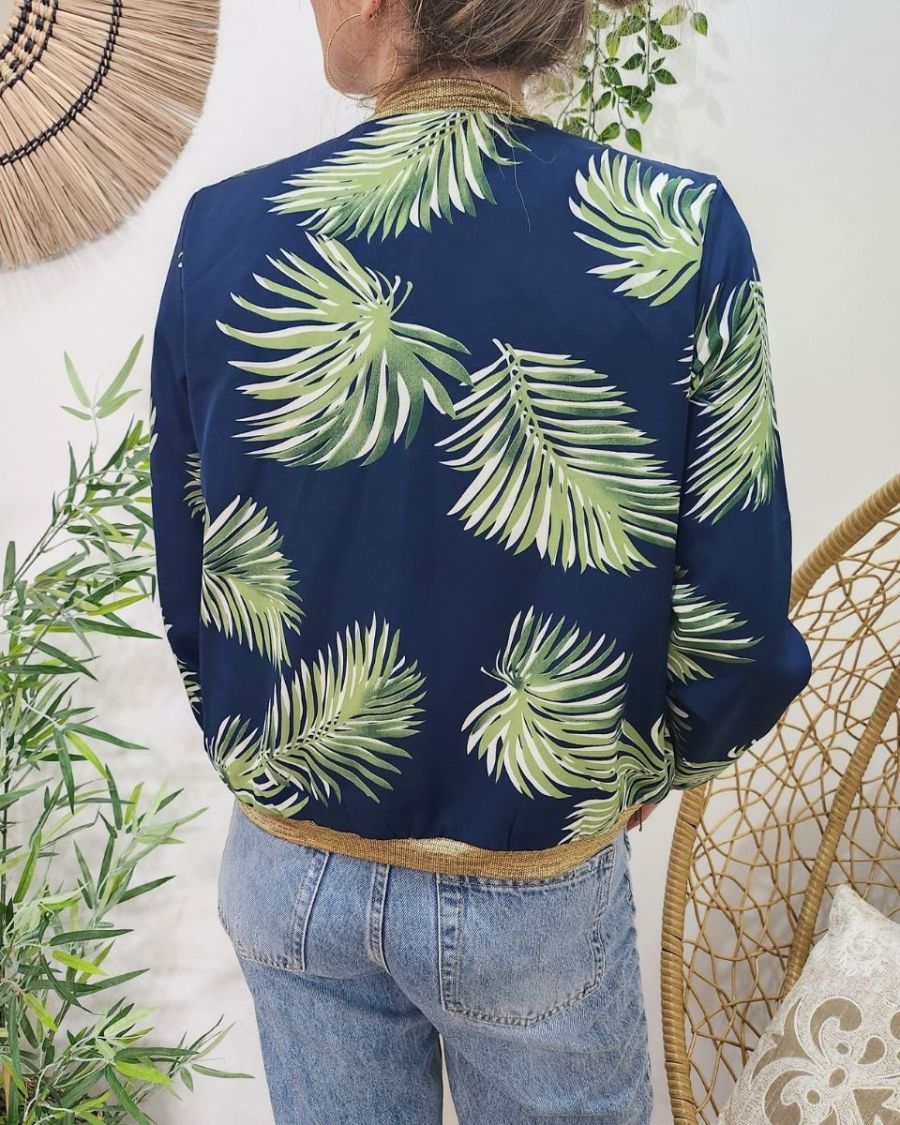 Bombers femme marine feuillages verts et blancs
