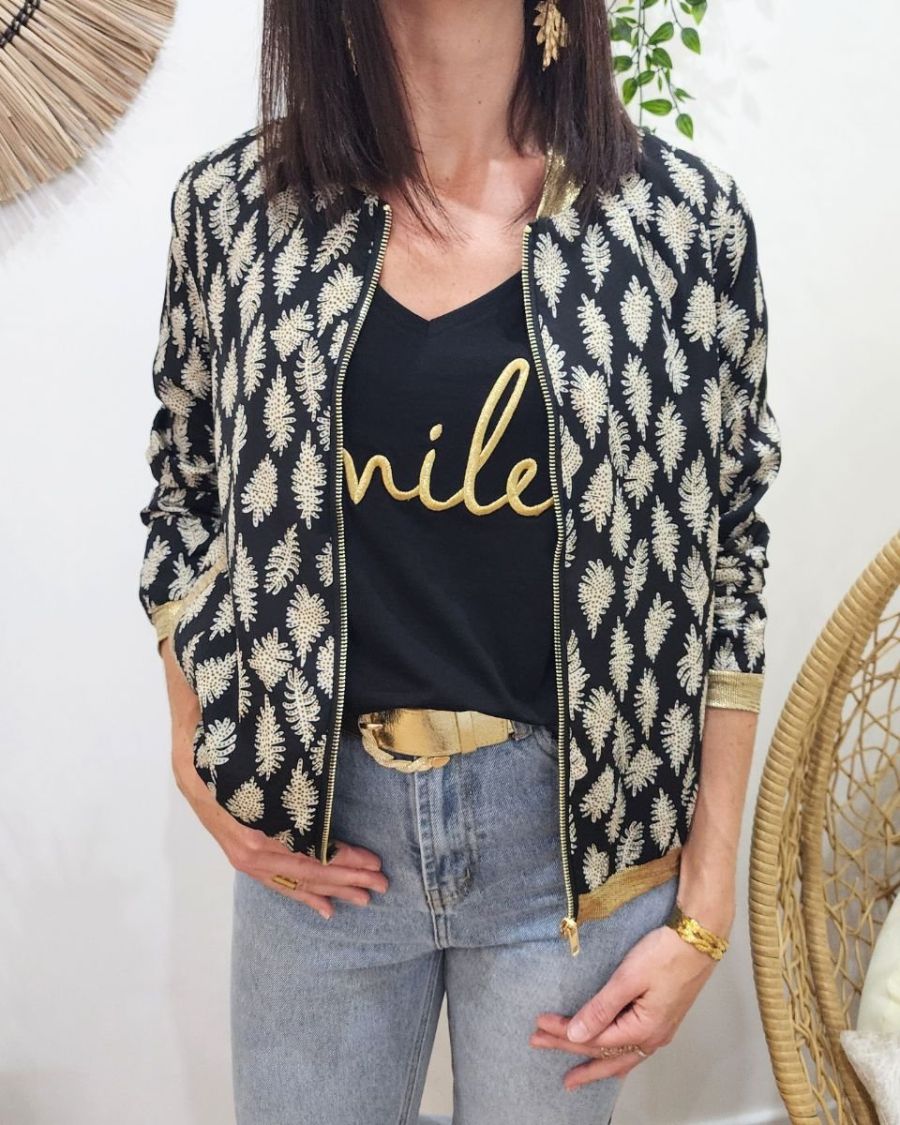 Bombers femme noir feuilles écrues à pois taupes