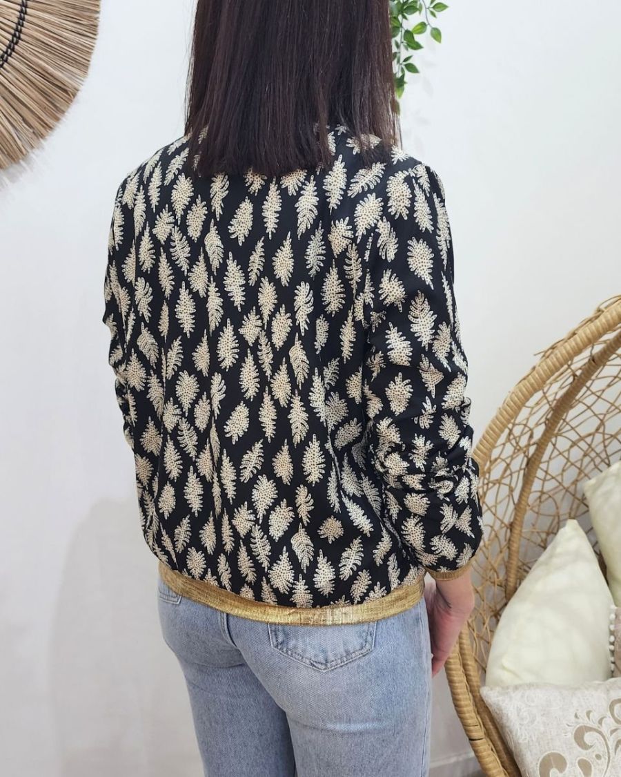 Bombers femme noir feuilles écrues à pois taupes