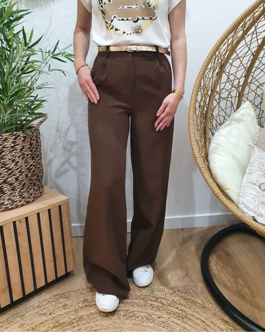 Pantalon femme fluide marron glacé taille haute Kaira
