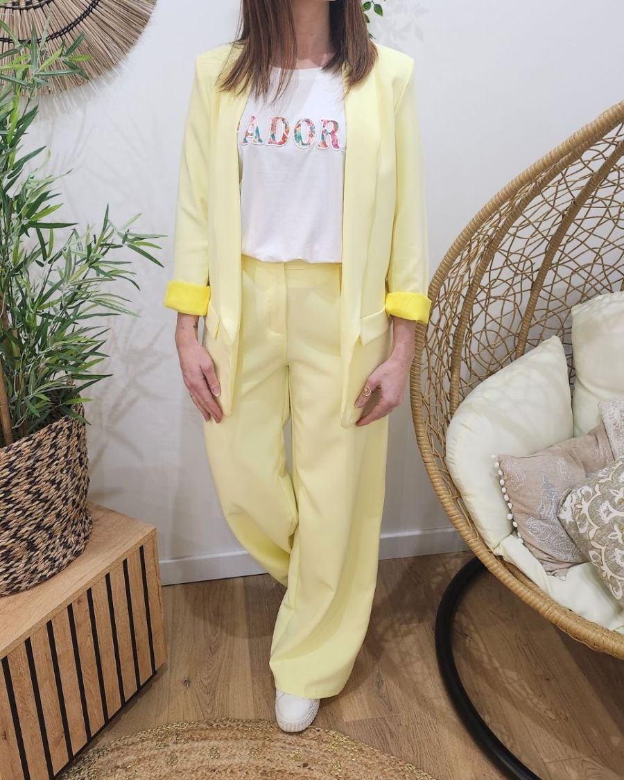 Pantalon femme fluide jaune pâle taille haute