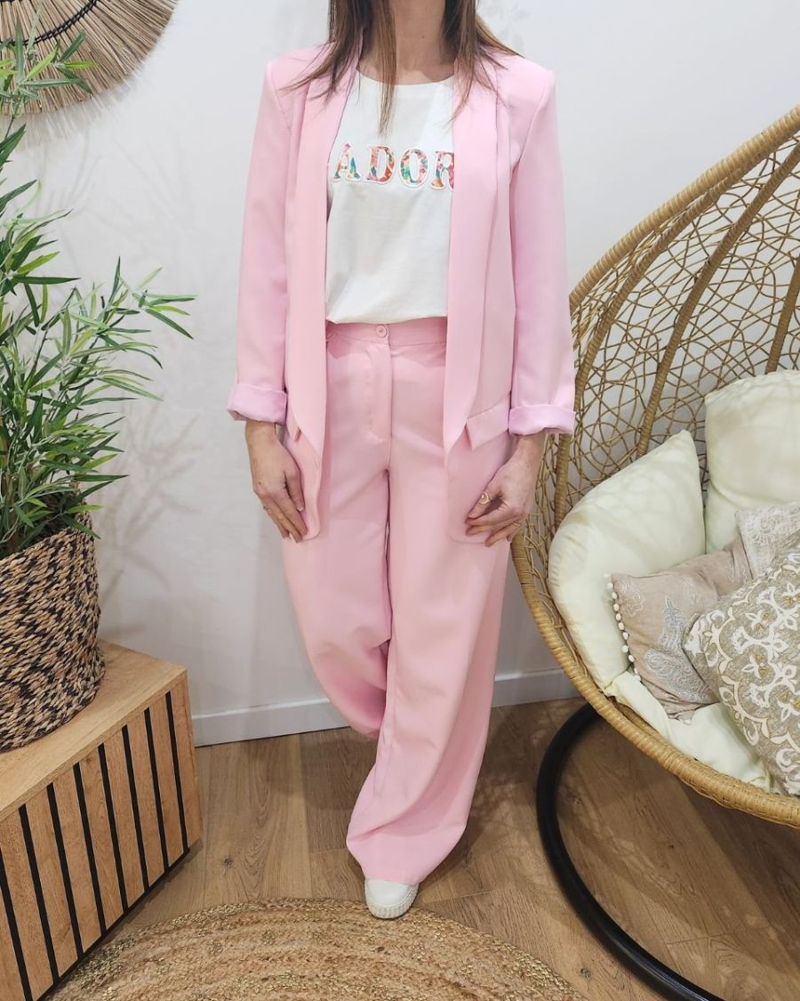 Pantalon femme fluide rose baby taille haute