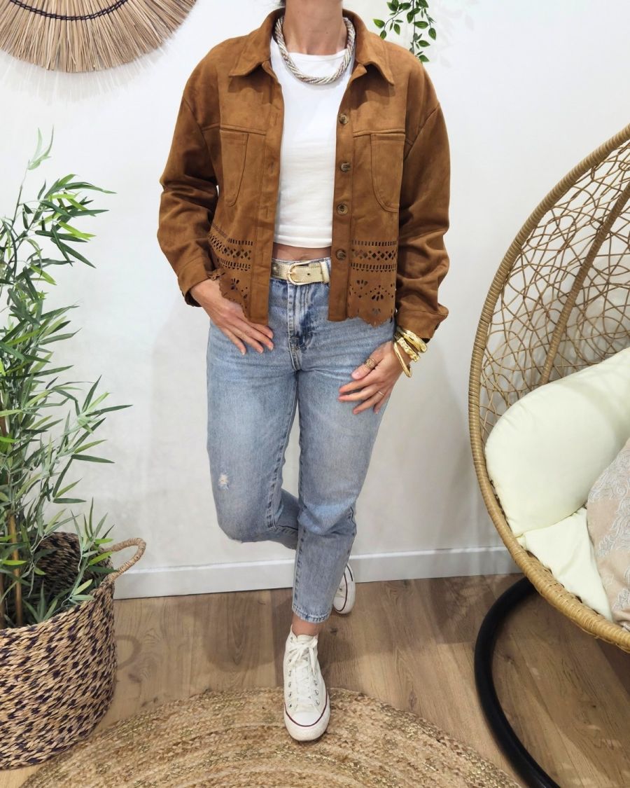 Veste femme suédine ajourée camel Ysoria