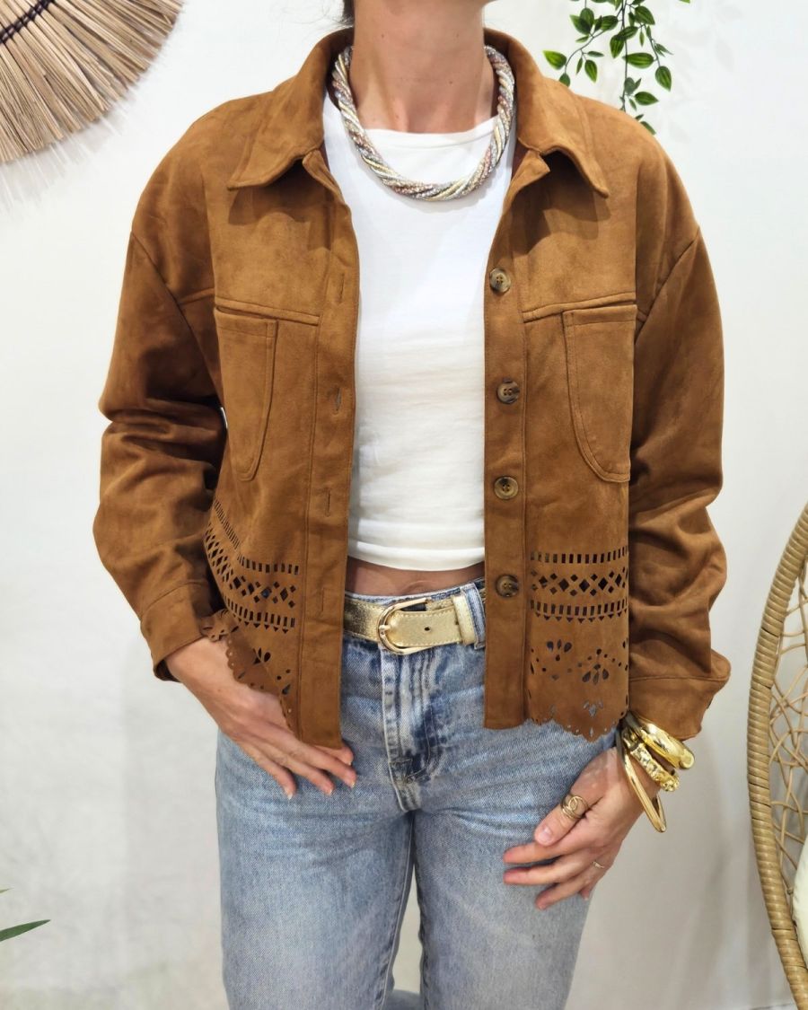Veste femme suédine ajourée camel Ysoria