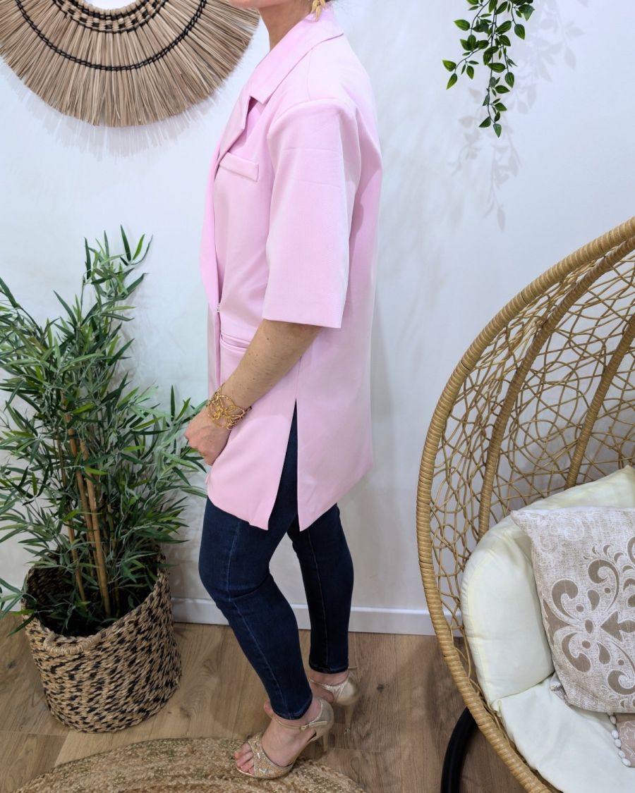 Blazer long femme manches courtes avec fentes sur les côtés rose 