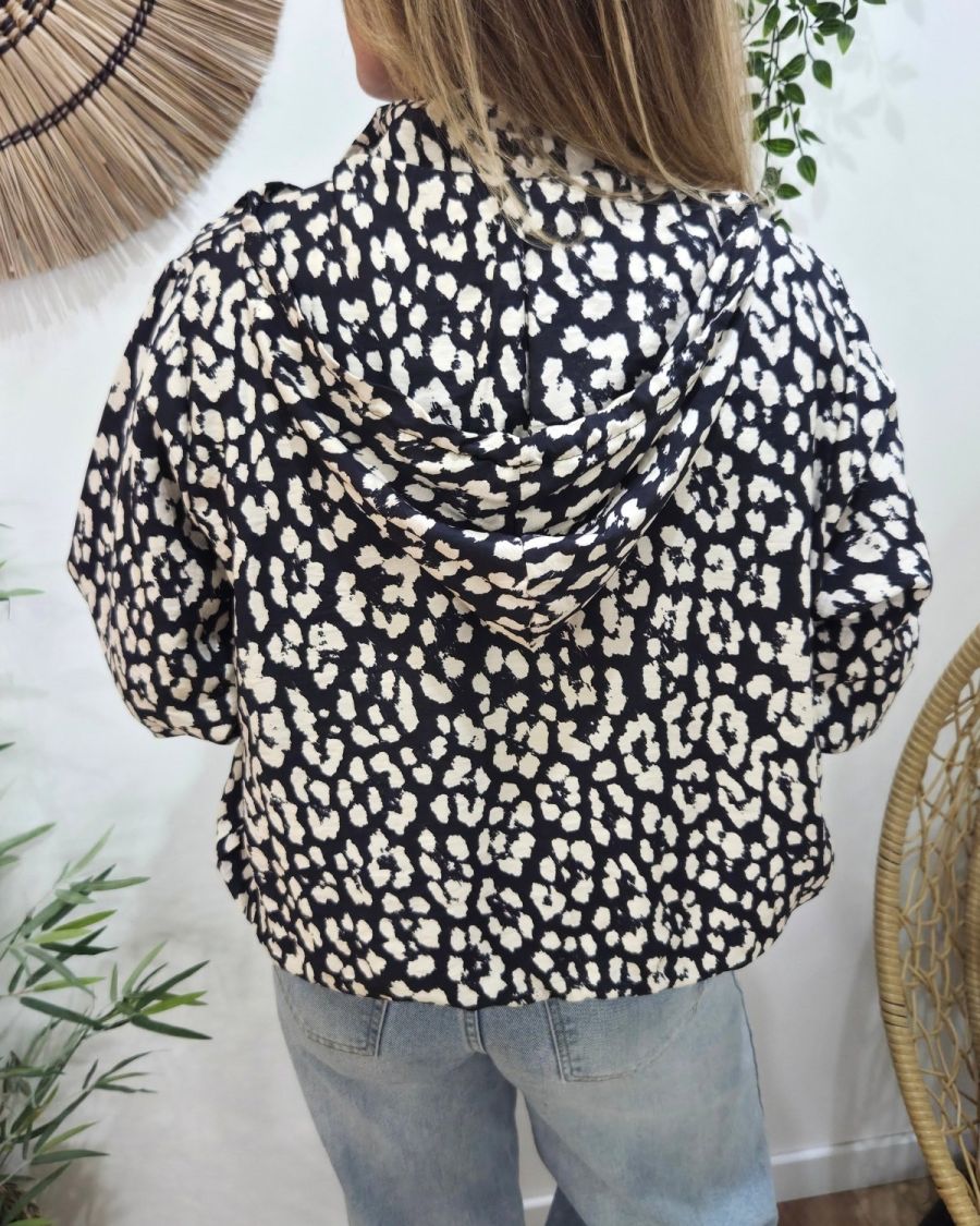 Veste femme à capuche léopard noire et beige