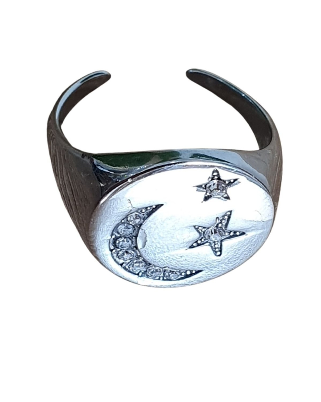 Bague femme acier argenté chevalière lune etoiles strass