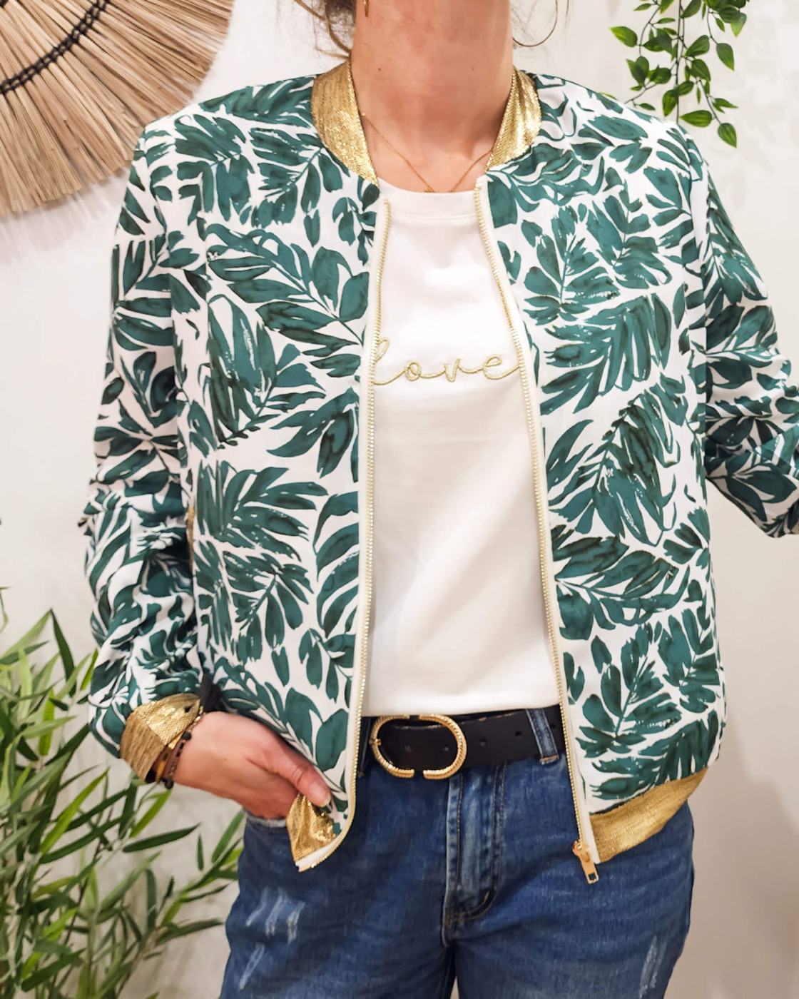 Bombers femme écru feuillage vert