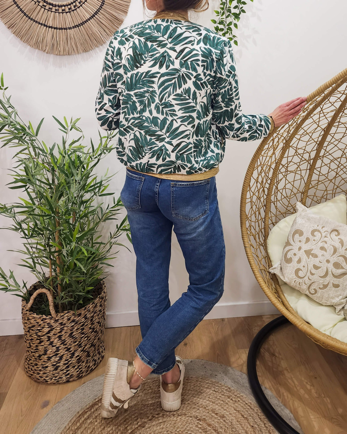 Bombers femme écru feuillage vert