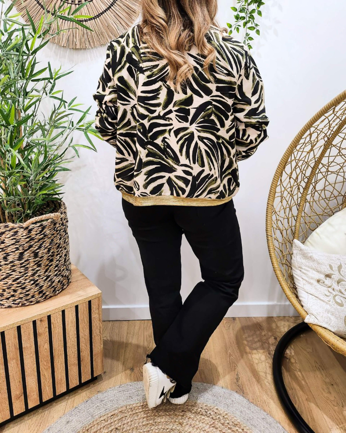 Bombers femme beige feuillages kaki