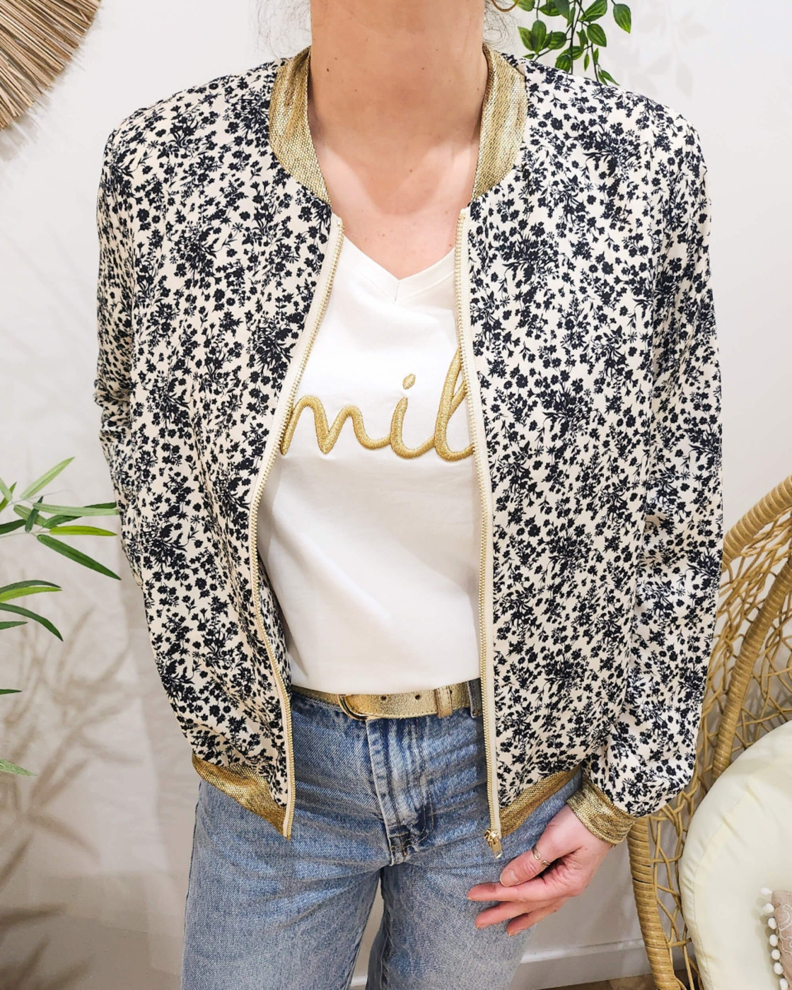 Bombers femme écru fleurs noires Adélise