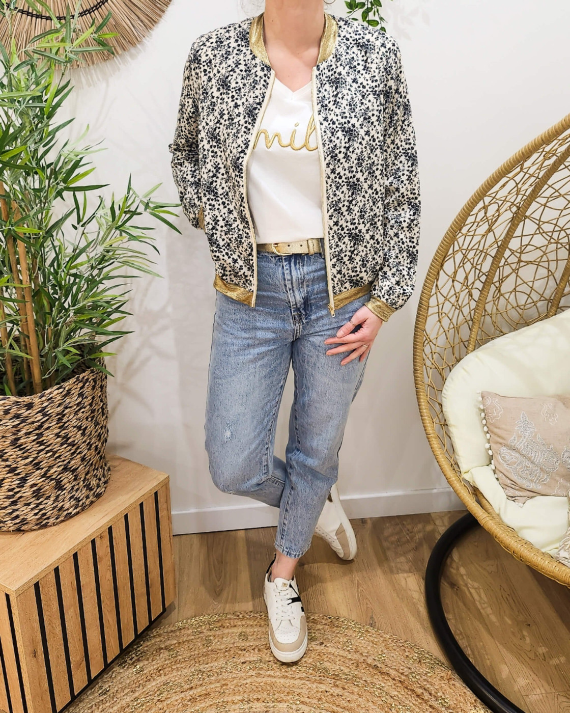 Bombers femme écru fleurs noires Adélise