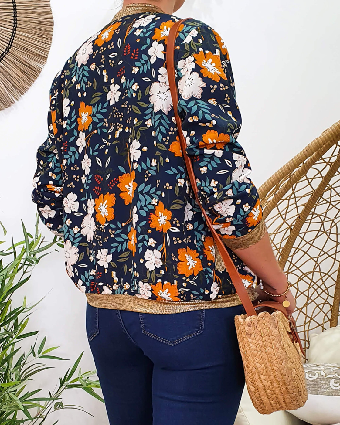 Bombers femme marine imprimé floral beige et moutarde