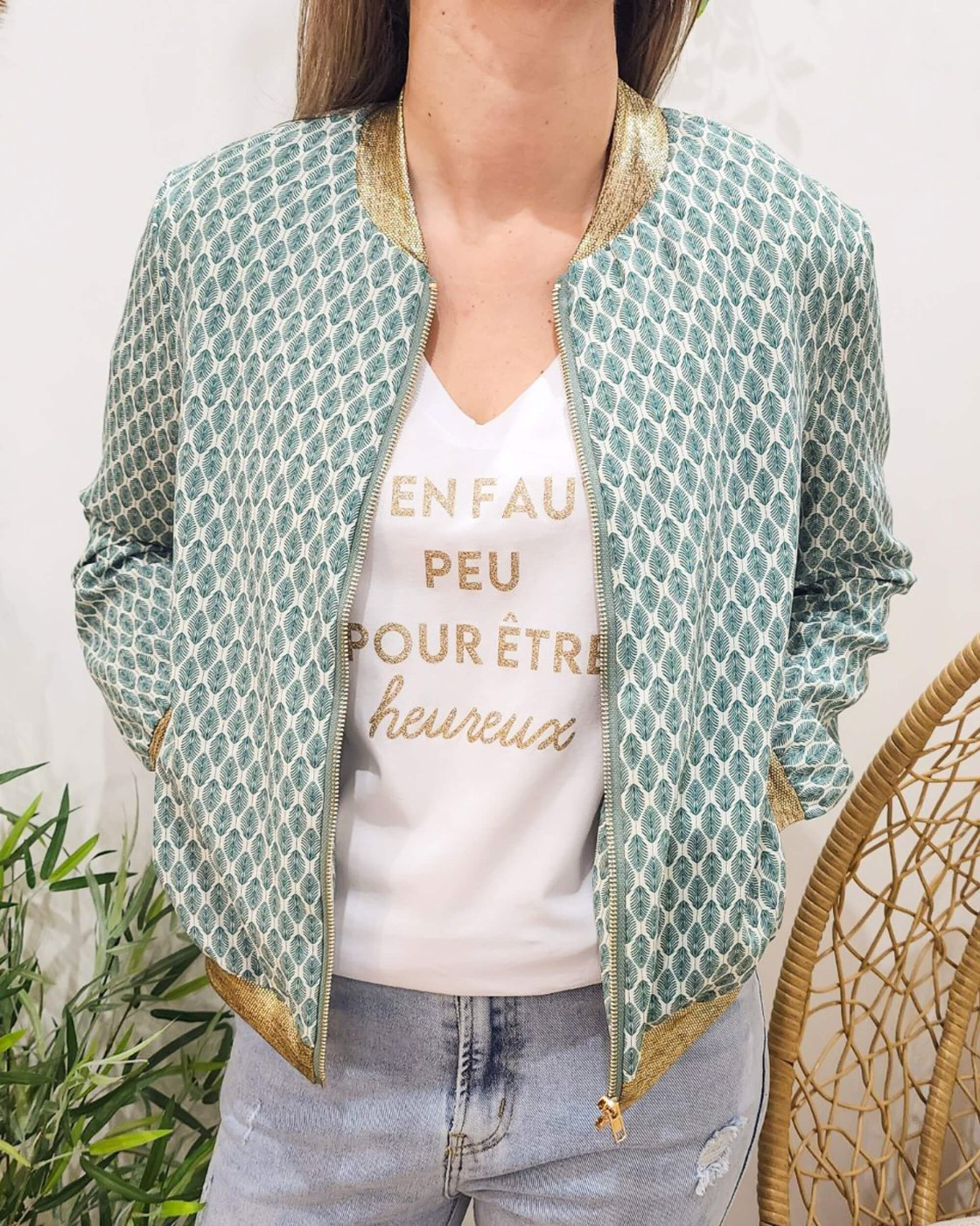 Bombers femme écru feuilles vertes Corentine