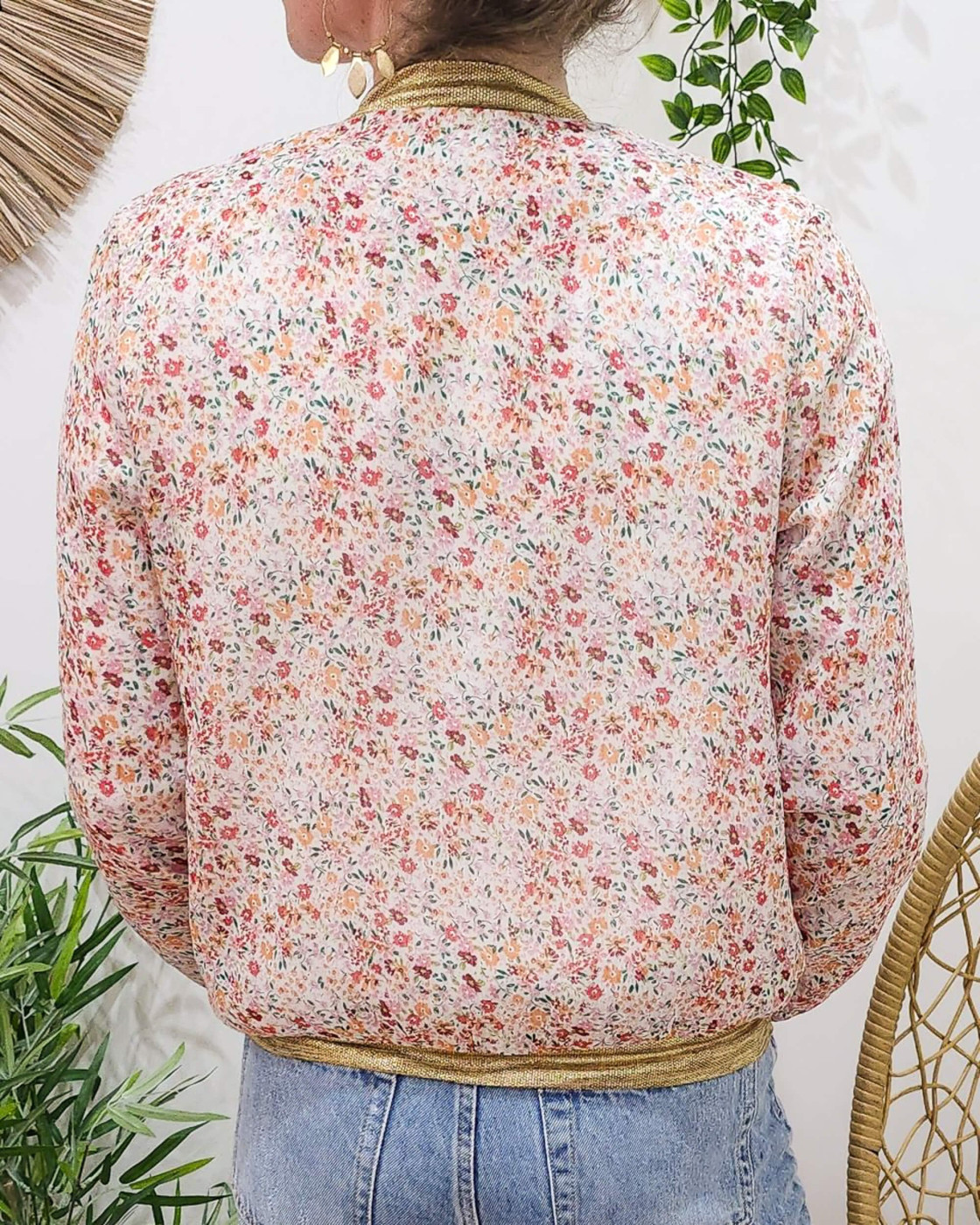 Bombers femme écru fleurs roses orangées Violaine