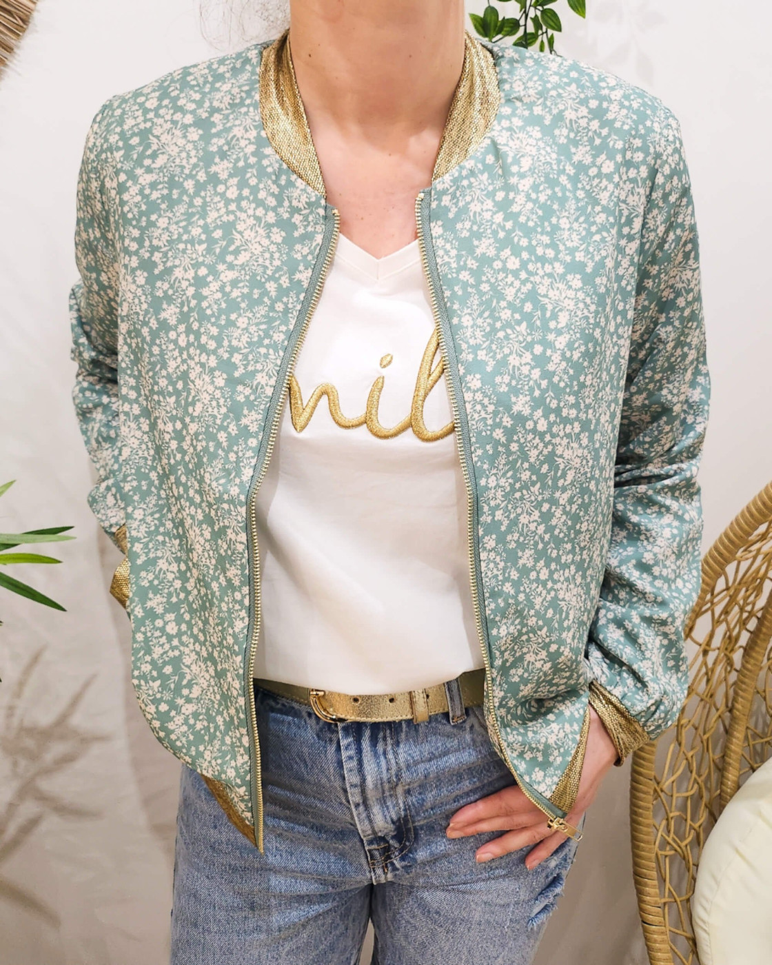 Bombers femme vert agate fleurs écrues Adélise