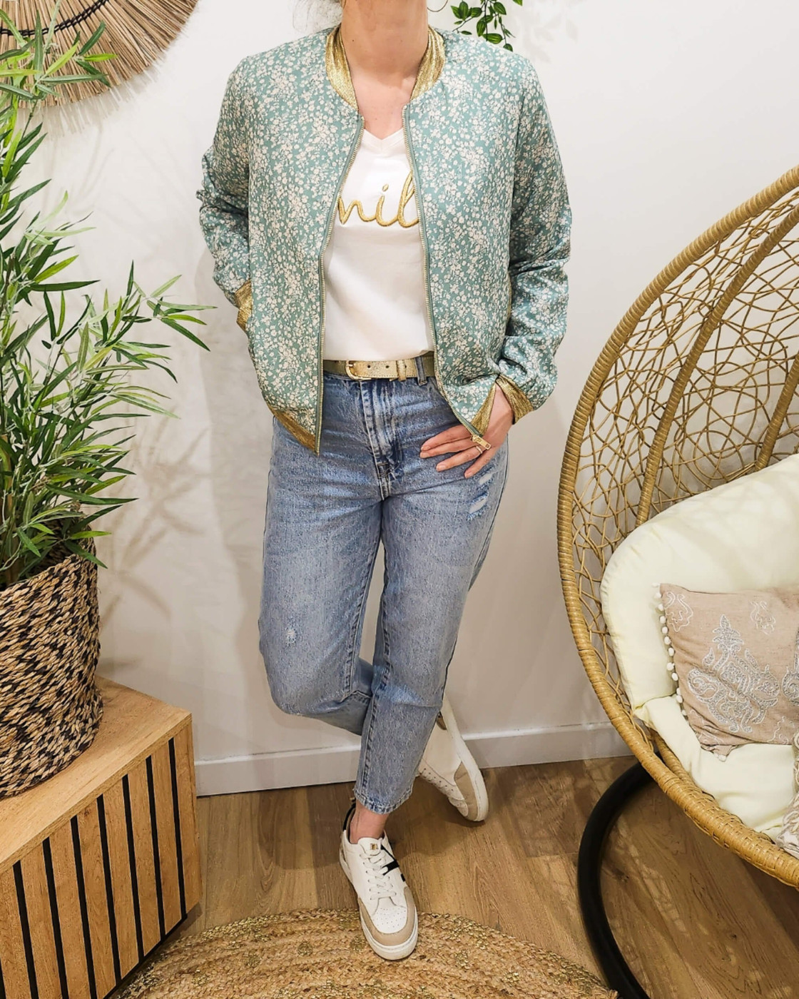 Bombers femme vert agate fleurs écrues Adélise