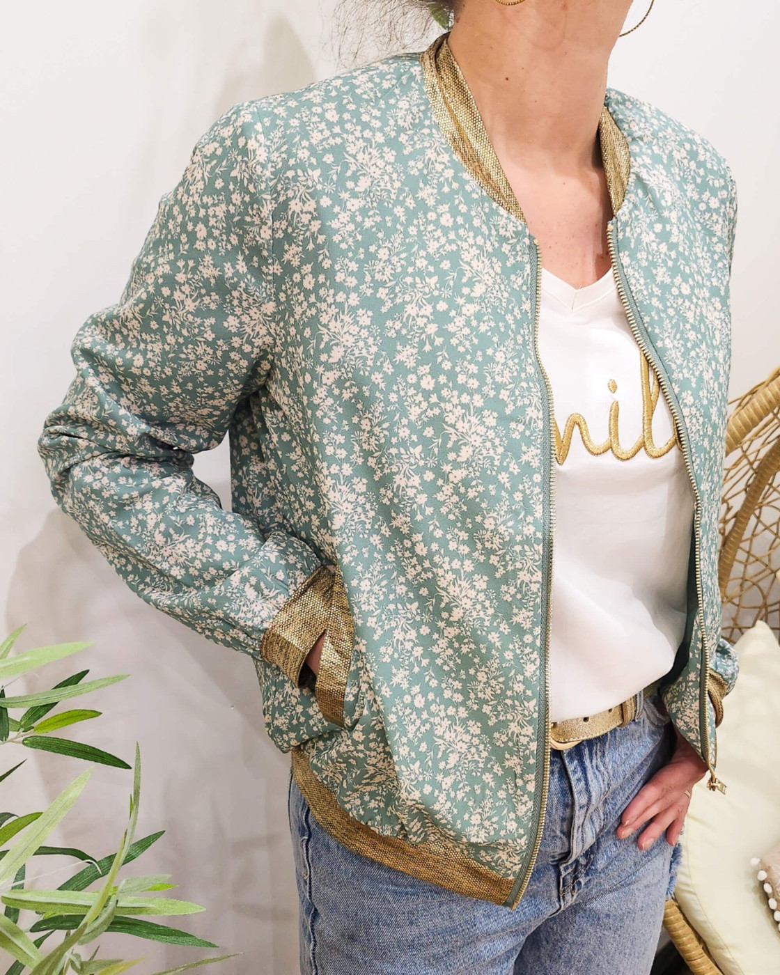 Bombers femme vert agate fleurs écrues Adélise