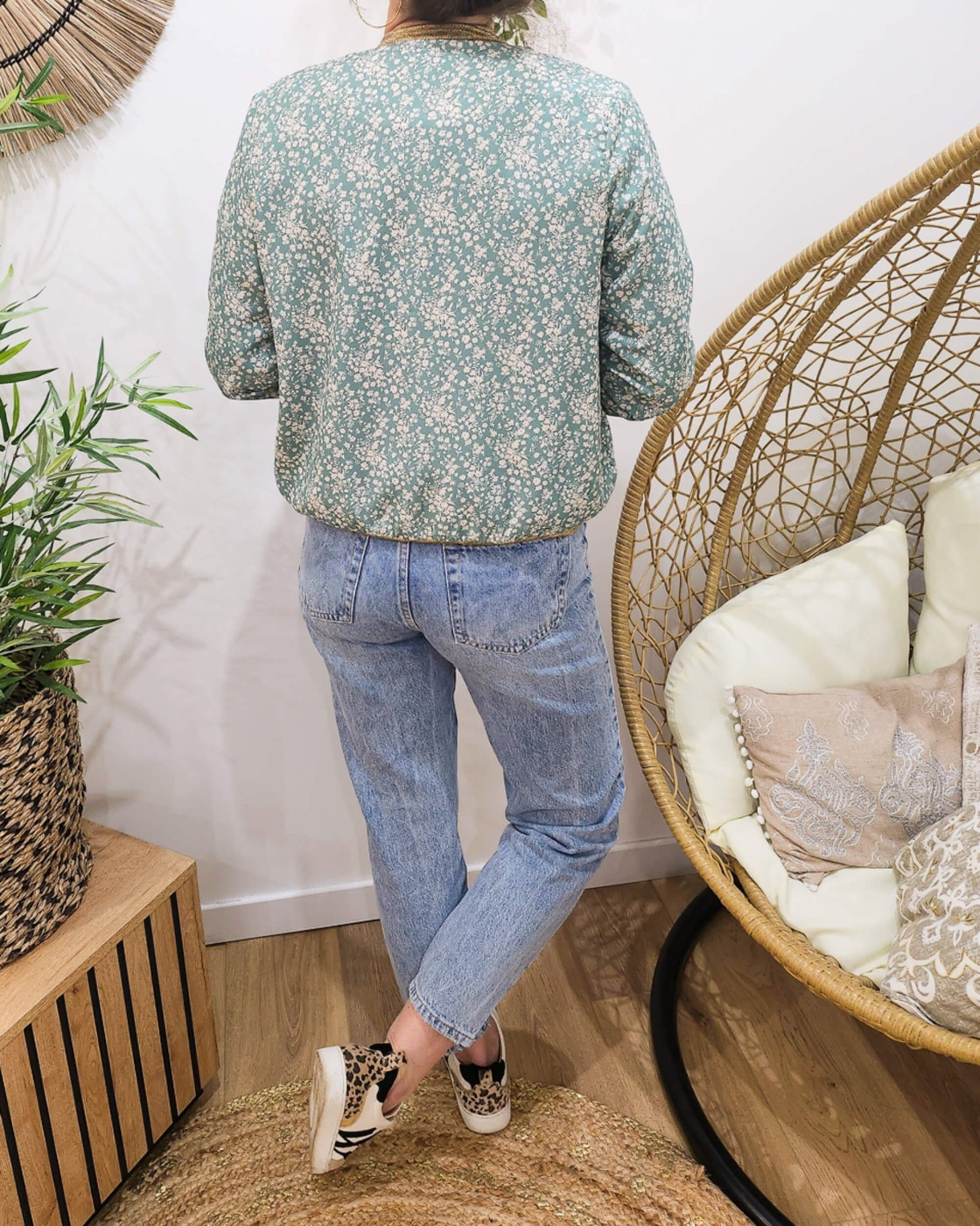 Bombers femme vert agate fleurs écrues Adélise